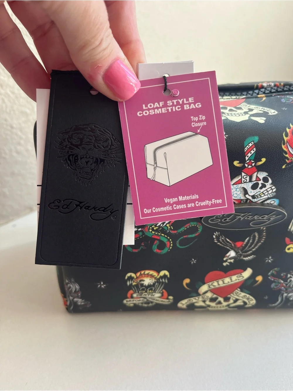 Ed Hardy Black Tattoo-Print Cosmetic Bag with Multicolor Motifs